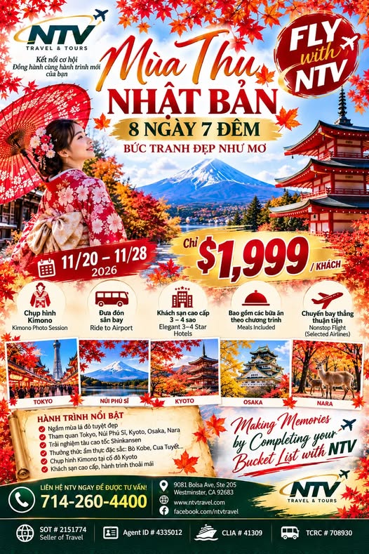 Mùa Thu Nhật Bản 11/20–11/28/2026 – $1,999 – NTV Travel & Tours