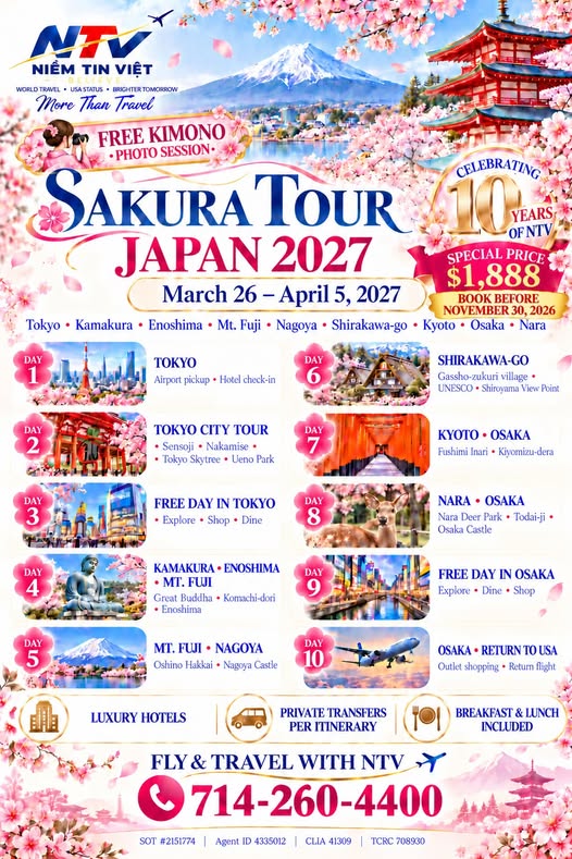 Sakura Tour Japan 2027 – March 26–April 5, 2027